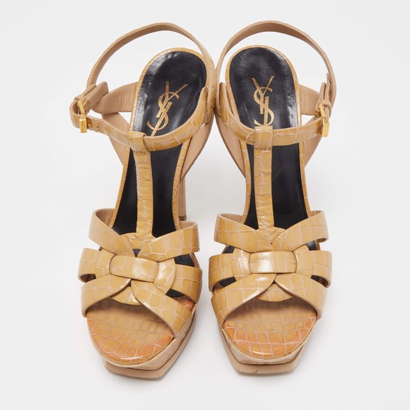 ❤️❤️ Saint Laurent Beige Croc Embossed Leather Tribute Ankle Strap Sandals❤️❤️ - Picture 2 of 5